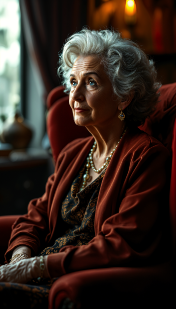 A thoughtful grandmother sits elegantly in a cozy armchair, adorned with pearls, as warm light illuminates the serene atmosphere, capturing a moment of grace and wisdom.