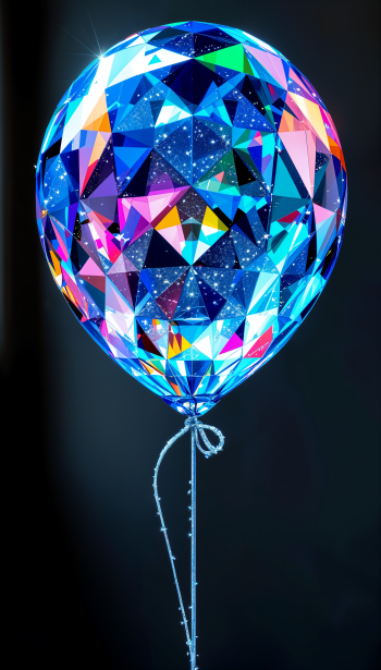 A vibrant, jewel-like birthday balloon floats against a dark background, featuring a dazzling array of colors and geometric patterns, making it a stunning phone wallpaper.