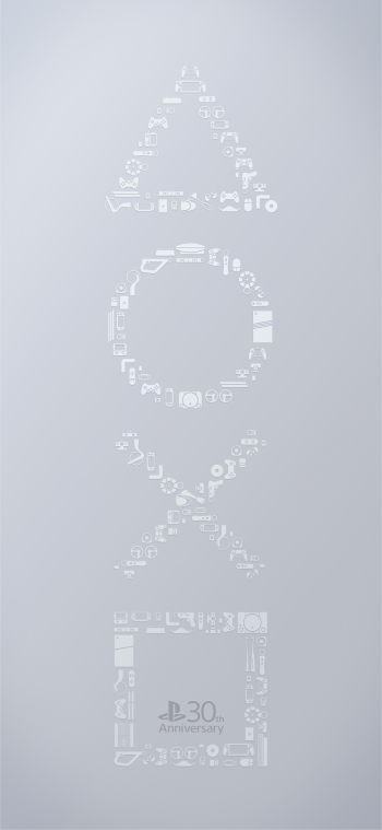 A sleek phone wallpaper features the iconic PlayStation symbols arranged with gaming elements, celebrating the 30th anniversary of PlayStation and PlayStation 5.