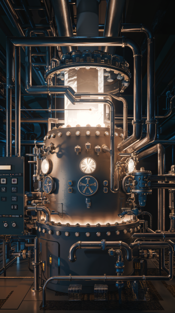 A striking phone wallpaper featuring a complex nuclear reactor with intricate piping, gauges, and a glowing core, set against a dark industrial backdrop.