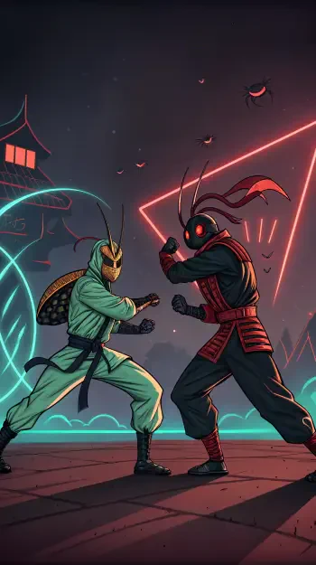 A dynamic phone wallpaper featuring two martial artists in vibrant colors, set against a stylized background with neon elements, showcasing their intense battle stance.