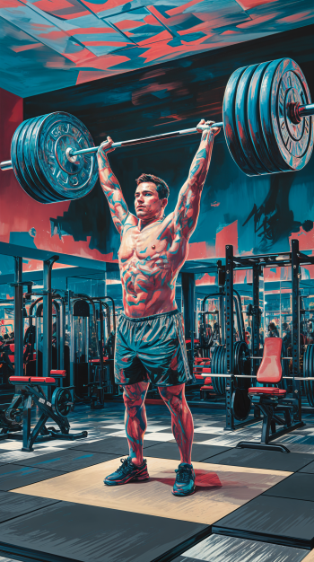 A muscular individual lifts a heavy barbell in a gym, surrounded by exercise equipment, creating an inspiring and energetic phone wallpaper.