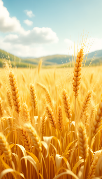 A serene phone wallpaper featuring a golden wheat field under a clear blue sky, surrounded by rolling hills, capturing the essence of nature and tranquility.