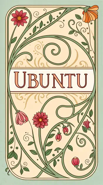 A decorative phone wallpaper featuring the word Ubuntu surrounded by intricate floral and vine designs. The soft color palette enhances its artistic appeal.