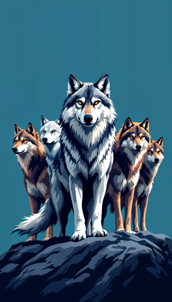A striking phone wallpaper featuring a wolf pack, showcasing five wolves in a dynamic pose against a vibrant blue background.