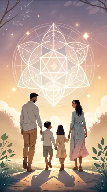 A family of four walks hand in hand towards a glowing geometric design in the sky, showcasing a serene and magical atmosphere, ideal for a phone wallpaper.