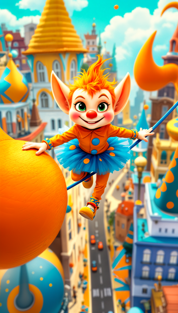 A whimsical character with orange hair and big ears balances on a tightrope above a colorful, fantastical city, embodying humor and joy in this vibrant phone wallpaper.