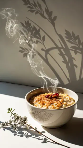 A steaming bowl of oatmeal topped with fruit, cast against a light background, creates elegant shadows, making for an inviting phone wallpaper.