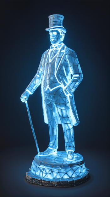 A luminous sculpture of a gentleman in a top hat, depicted with intricate geometric patterns and glowing softly against a dark background, serves as a striking phone wallpaper.