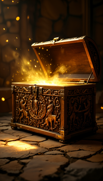 An intricately designed wooden chest labeled Pandora's Box sits open, emitting a glow of golden light and sparkles, creating a magical atmosphere. Ideal as a phone wallpaper.