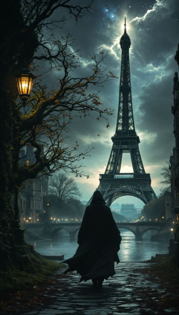 A mysterious figure walks along a riverside path in Paris, gazing at the illuminated Eiffel Tower under a stormy sky, creating an enchanting phone wallpaper scene.