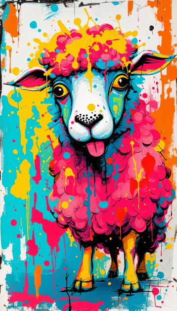 A vibrant, artistic depiction of a sheep with a bright pink coat and colorful splashes in the background, designed as a cheerful phone wallpaper.