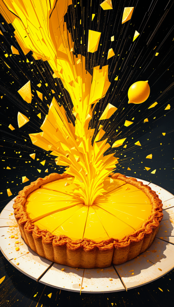 Vibrant lemon pie with dynamic splashes of yellow bursting from its surface, set against a dark background, makes a striking phone wallpaper.