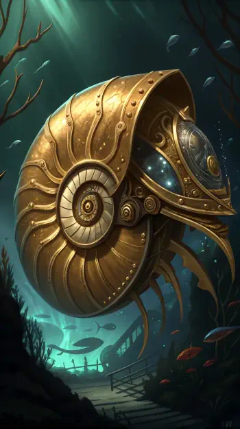 A mesmerizing digital phone wallpaper featuring a golden nautilus design surrounded by serene underwater scenery and vibrant fish, evoking a sense of exploration and mystery.