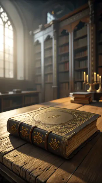 An elegant, vintage Bible rests on a wooden table in a sunlit library, surrounded by shelves of books, creating a serene and contemplative atmosphere, perfect for a phone wallpaper.