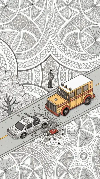 A stylized phone wallpaper depicting a crash scene between a yellow truck and a police car on a decorative background. A person stands nearby, observing the aftermath.