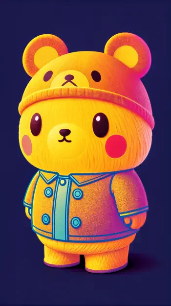 A vibrant phone wallpaper featuring Pompompurin, a cute bear character with rosy cheeks, wearing a colorful jacket and a matching beanie against a dark background.