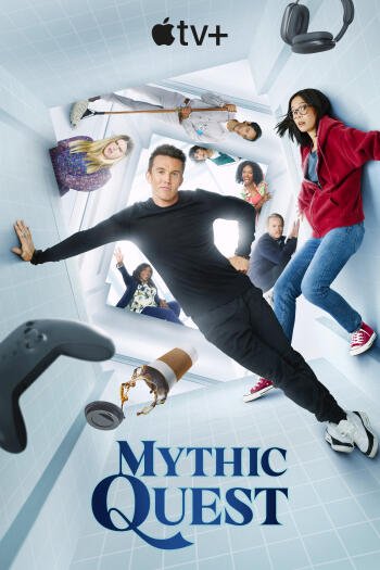 A dynamic wallpaper featuring characters from the TV show *Mythic Quest*, including Rob McElhenney and Charlotte Nicdao, set against a whimsical, surreal backdrop.