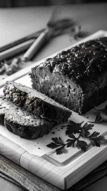 A black and white image of a freshly sliced meatloaf on a wooden cutting board, garnished with parsley, showcasing a delicious and inviting presentation, perfect for a phone wallpaper.