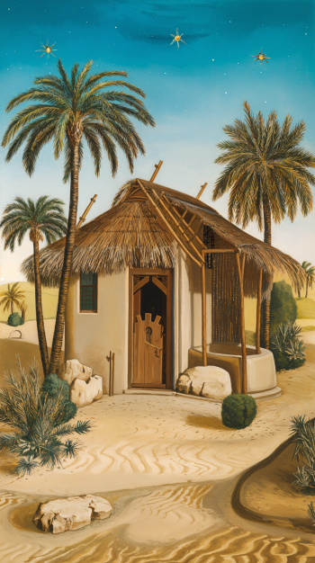 A tranquil desert oasis featuring a thatched structure surrounded by palm trees and sandy terrain, perfect for a serene phone wallpaper.