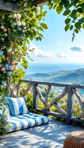 A serene terrace scene featuring a cozy blue and white striped cushion, surrounded by vibrant flowers, with a breathtaking ocean view in the background, perfect for a phone wallpaper.