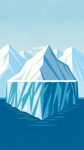 A stylized illustration of a glacier rising from calm blue waters, set against a backdrop of distant snow-capped mountains, perfect for a phone wallpaper.