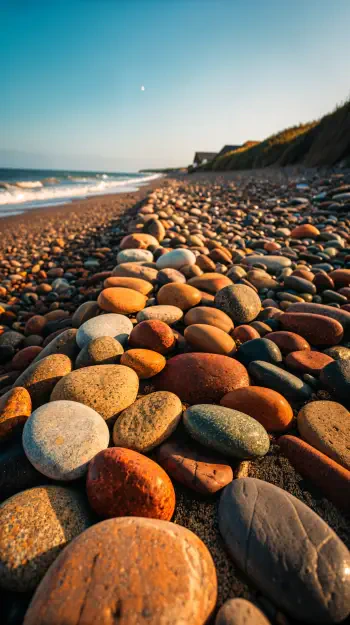 A serene beach scene with a foreground of smooth, colorful pebbles, gently leading to the ocean under a clear sky, creates an inviting phone wallpaper.