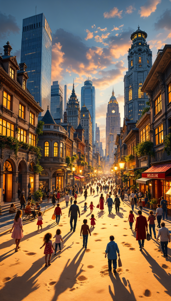 A vibrant downtown scene with people strolling along a picturesque street, framed by towering buildings and a dramatic sunset, creating an inviting atmosphere for a phone wallpaper.