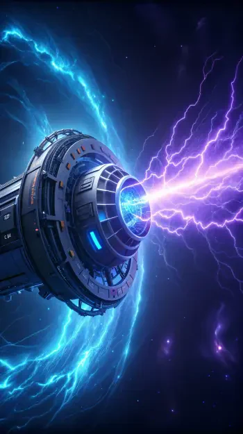 A dynamic phone wallpaper featuring a futuristic warp drive emitting vibrant blue and purple energy bursts against a cosmic background.