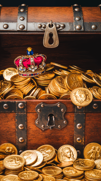 A treasure chest overflowing with gold coins and a regal crown, presented as an eye-catching phone wallpaper.