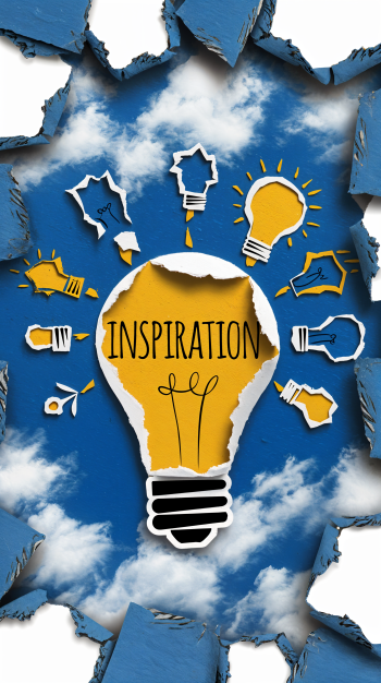 A bright light bulb surrounded by various light bulb illustrations against a blue sky, with the word Inspiration prominently featured, designed as an uplifting phone wallpaper.