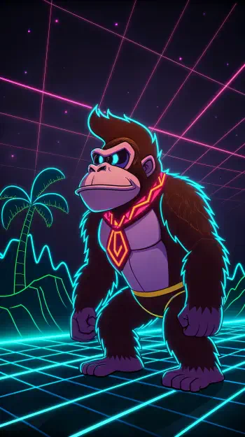A vibrant phone wallpaper featuring Donkey Kong, illustrated with neon accents against a retro grid background and palm trees, capturing a dynamic, 80s-inspired aesthetic.