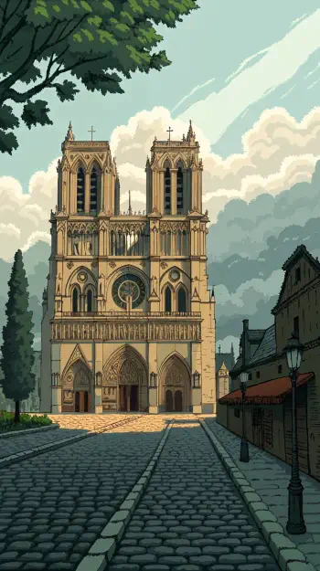 A picturesque cathedral stands majestically at the end of a cobblestone street, surrounded by trees and under a sky filled with swirling clouds, designed as a phone wallpaper.