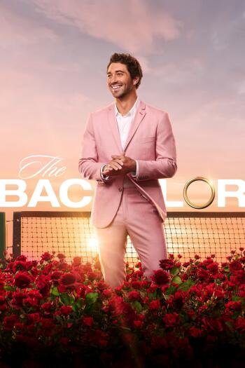 Phone wallpaper featuring a man in a pink suit standing among red roses with The Bachelor title, designed for iPhone and Android screens.