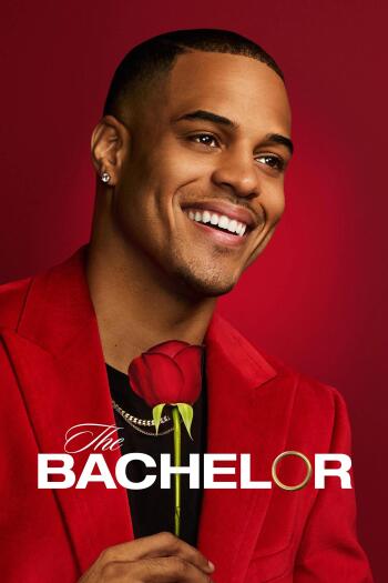 A vibrant phone wallpaper featuring a smiling man in a striking red suit holding a rose, promoting the TV show The Bachelor. The background is a rich red, enhancing the romantic theme.