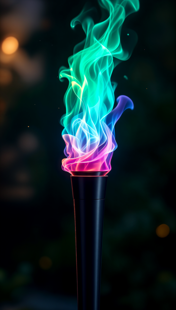 A colorful torch emits vibrant, swirling flames in shades of blue, green, and pink, creating a captivating visual display perfect for a phone wallpaper.