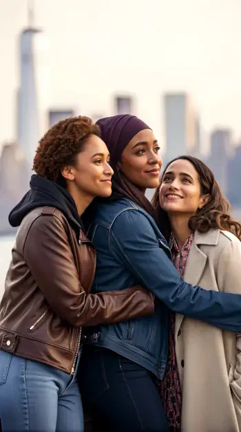 Three friends embrace in a warm moment of sisterhood against a city skyline, embodying connection and support, making it a vibrant phone wallpaper choice.