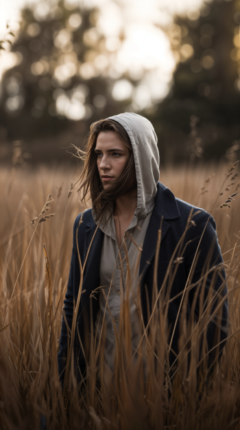 A young person wearing a hooded sweatshirt stands thoughtfully in a field of tall grass, surrounded by soft, diffused light, creating a serene and contemplative atmosphere. Phone wallpaper.