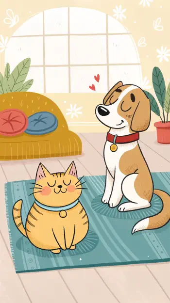 A cheerful illustration of a relaxed cat and dog sitting together on a rug, surrounded by cozy furniture and plants, perfect for a calming phone wallpaper.