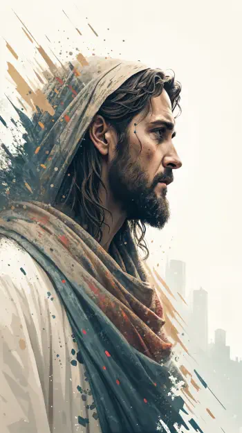 A stylized profile of Jesus, featuring flowing hair and a hooded cloak, with vibrant splashes of color. This artistic design makes an engaging phone wallpaper.