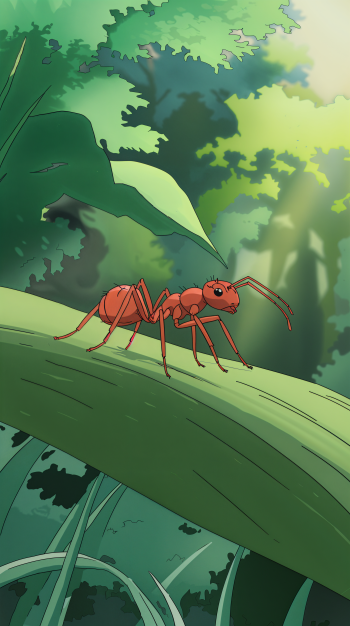 A vibrant illustration of a red ant walking on a leaf, surrounded by lush green foliage, captures a lively moment in nature, perfect as a phone wallpaper.