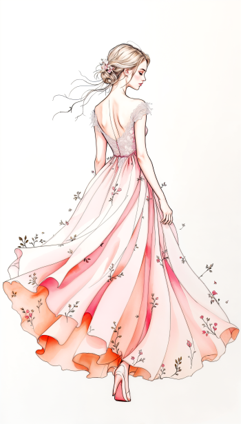 An elegant illustration of a woman in a flowing pink dress adorned with floral patterns, designed as a beautiful phone wallpaper.