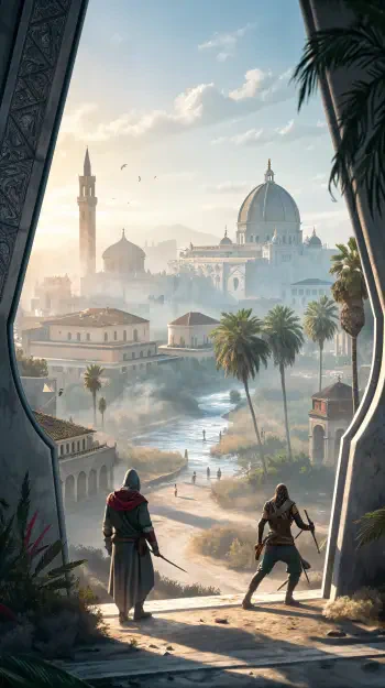 Vibrant Assassin's Creed wallpaper featuring a scenic view of a historic city with domed buildings, palm trees, and two assassins poised for action against a stunning backdrop.