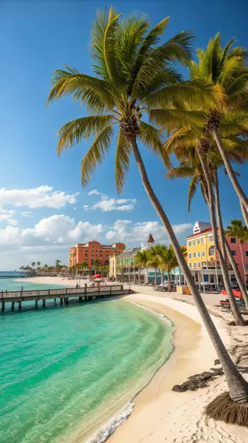 A vibrant Florida beach scene featuring palm trees, clear turquoise water, and colorful buildings along the shore, perfect for a refreshing phone wallpaper.