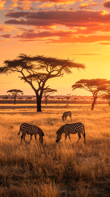 A stunning African landscape at sunset, featuring zebras grazing in golden grasses under acacia trees, creating a serene and vibrant phone wallpaper.