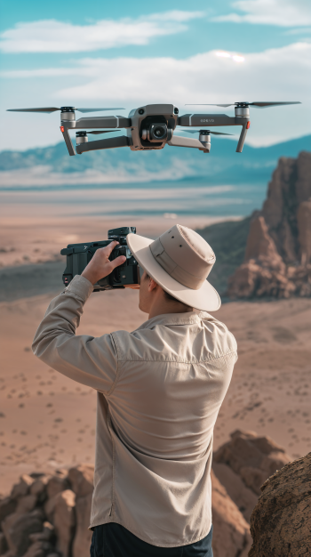 A drone operator captures stunning aerial views in a vast desert landscape, showcasing a blend of technology and nature, perfect as a phone wallpaper.