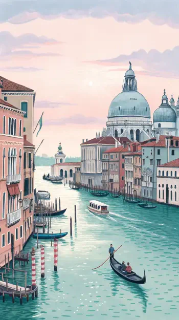 A serene view of Venice, featuring gondolas gliding through the tranquil canals, with historic buildings and the iconic dome in the background, perfect for a phone wallpaper.