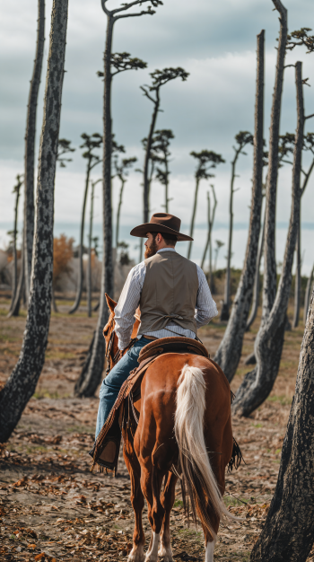 A cowboy rides a chestnut horse through a landscape of tall, bare trees, creating a striking outdoor scene, suitable for a phone wallpaper.