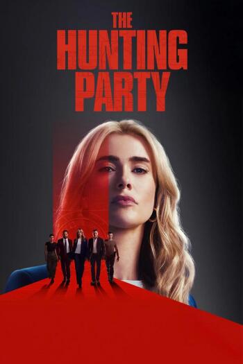 A striking phone wallpaper featuring the title The Hunting Party (2025) with a central character in focus, surrounded by silhouettes, set against a bold red and black background.
