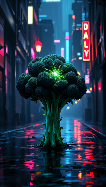 A vibrant broccoli stands out in a neon-lit urban street at night, its stem glowing with a green light, creating an eye-catching phone wallpaper.